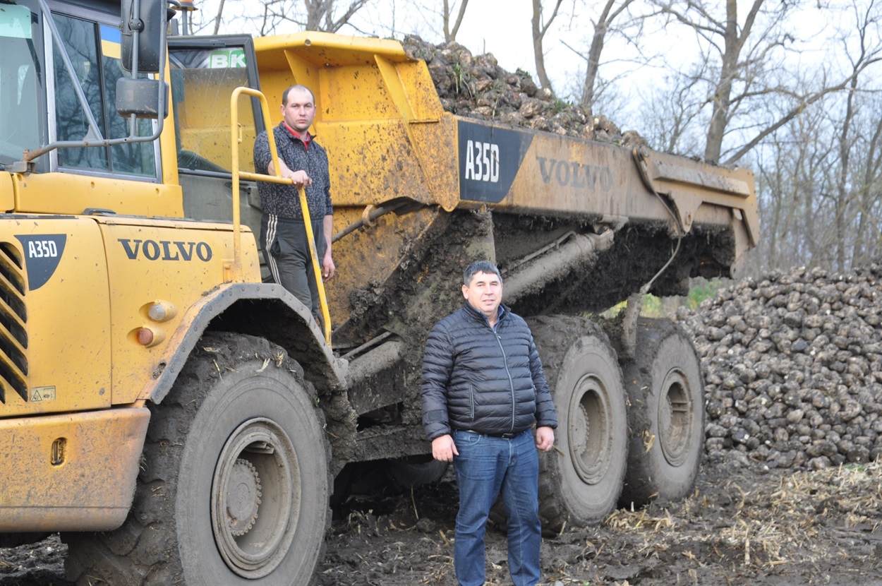 Аби доставити з поля до твердого покриття солодкі корені, за нинішніх погодних умов доводиться використовувати спецтехніку з кар’єра. На знімку - директор ПАП «Дзвін» Василь Градовий з водієм потужного Volvo Володимиром Морозом 